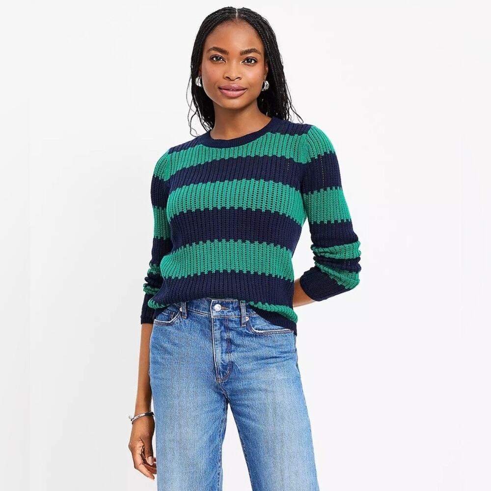 LOFT Striped Knit Sweater Navy Green Cotton Lightweight Preppy Coastal XS
